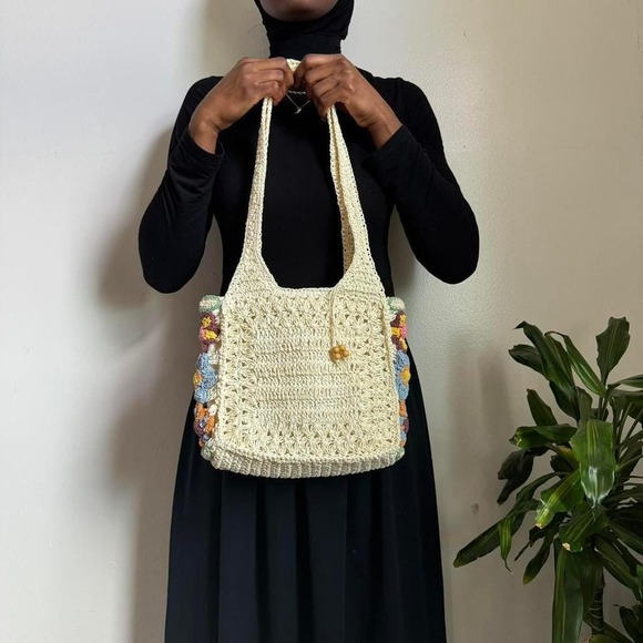 Vintage‎ 90s/Y2K Faded Glory Floral Crochet Paper Straw Tote Bag - Picture 3 of 6